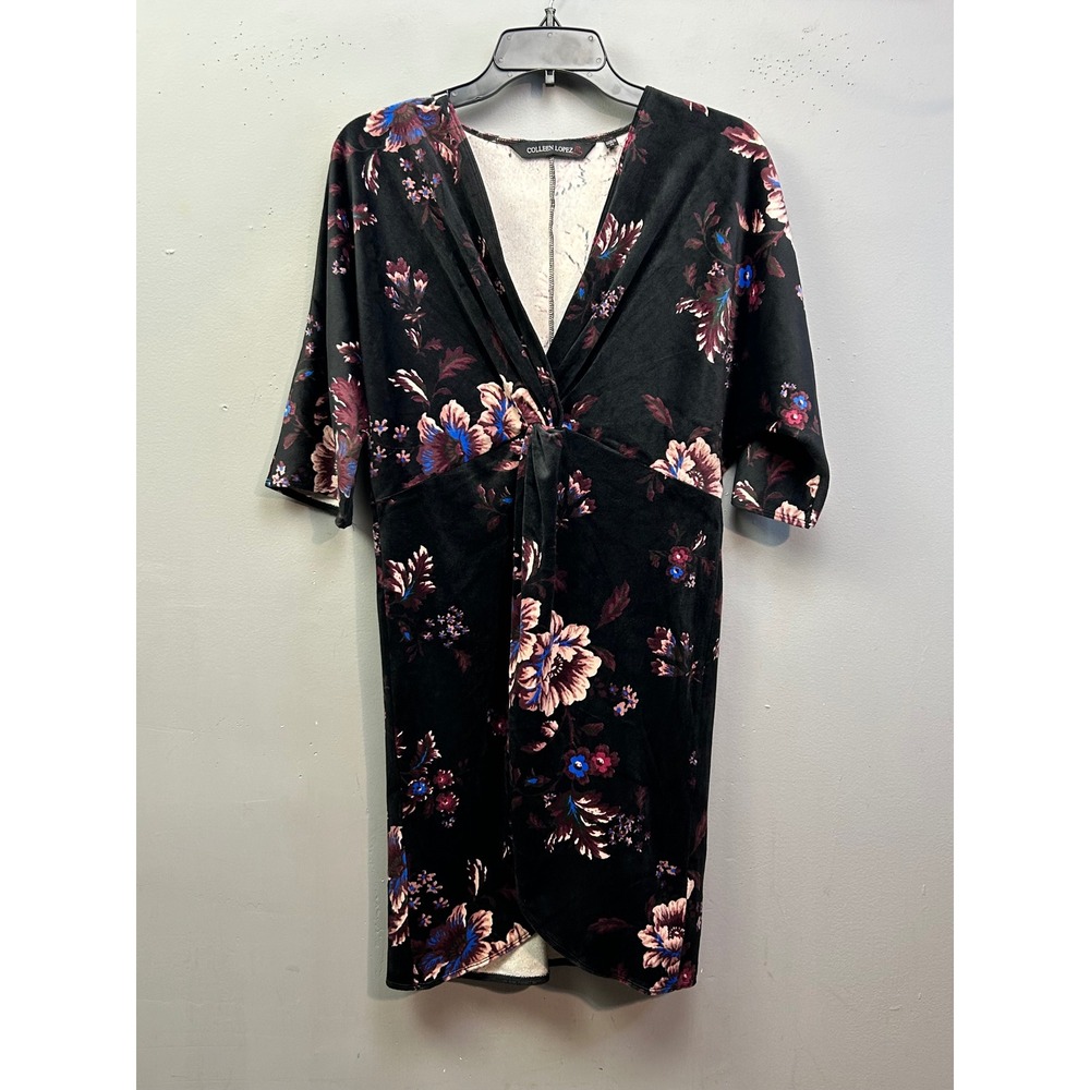 Colleen Lopez Dress Womens XS Black Floral Velvet Twist Front V-Neck Retro